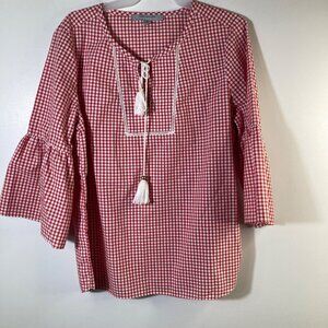 Womens Marc New York Gingham Boho Top Tie Neck Bell Sleeve M‎ Red White